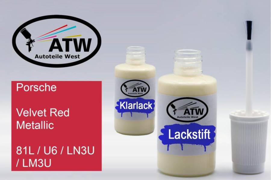 Porsche, Velvet Red Metallic, 81L / U6 / LN3U / LM3U: 20ml Lackstift + 20ml Klarlack - Set, von ATW Autoteile West.